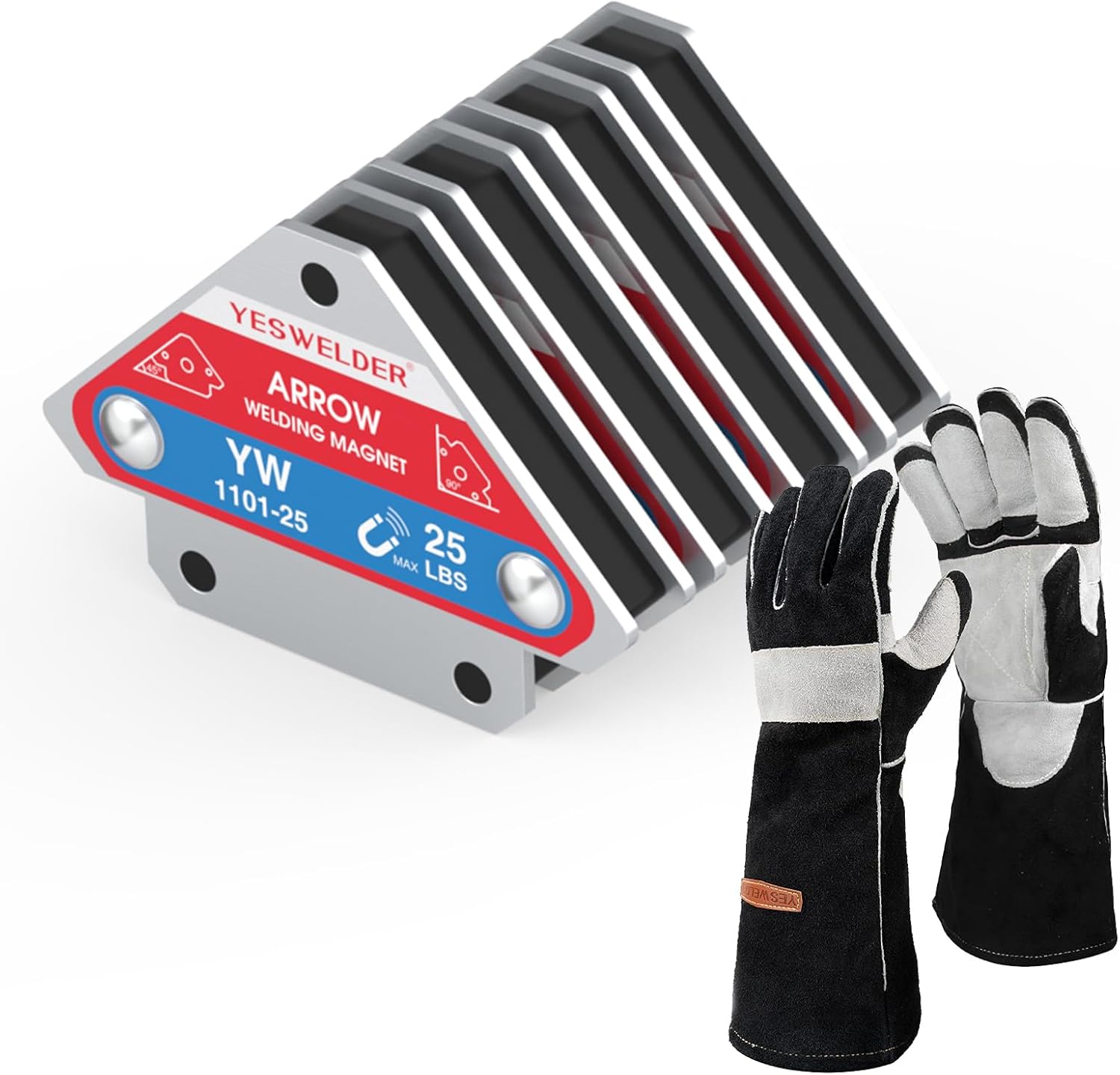 YESWELDER 25 LB Welding Magnet-4 Pieces of Magnetic Welding Holder 25 LBS Holding Power & Leather Forge MIG Welding Gloves, with Kevlar Stitching Heat/Fire Resistant, Palm Reinforcements, Black-Gray