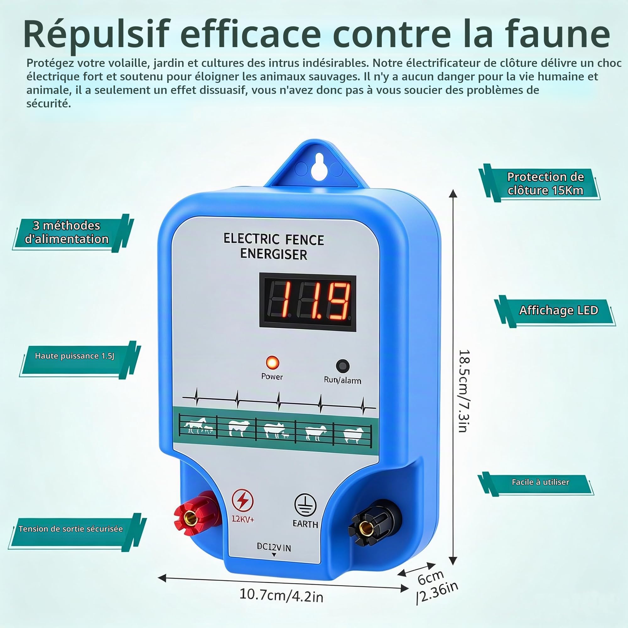 15km ClôTure éLectrique, 12V 2.0J Cloture Electrique Pour Animaux avec affichage LED, 12KV Dispositif de clôture électrique pour Chevaux Bovins Vache Moutons Volaille Ferme Jardin Pâturages