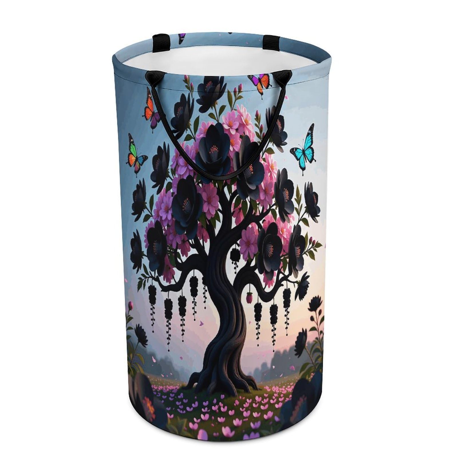 Black Blossom Laundry Hamper Waterproof Polyester Laundry Baskets Collapsible Dirty Clothes Storage Basket Clothes Hampers with Sturdy Handles for Travel Bedroom