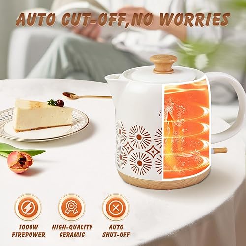 Miniatura 5 de Hervidor eléctrico de cerámica de 1 cuarto de galón, apagado automático, tetera de porcelana, caldera eléctrica de agua caliente con luz LED,