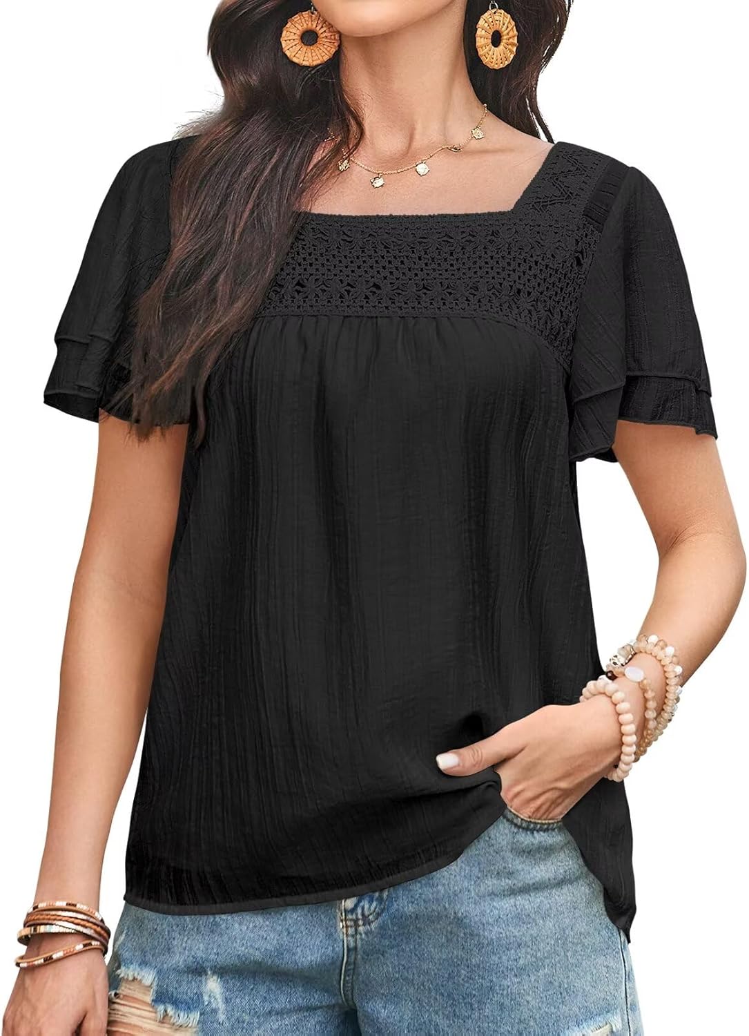 Womens Tops Summer Boho Blouses Short Sleeve Square Neck Crochet Lace Trim Casual Chiffon Shirts Double Layers