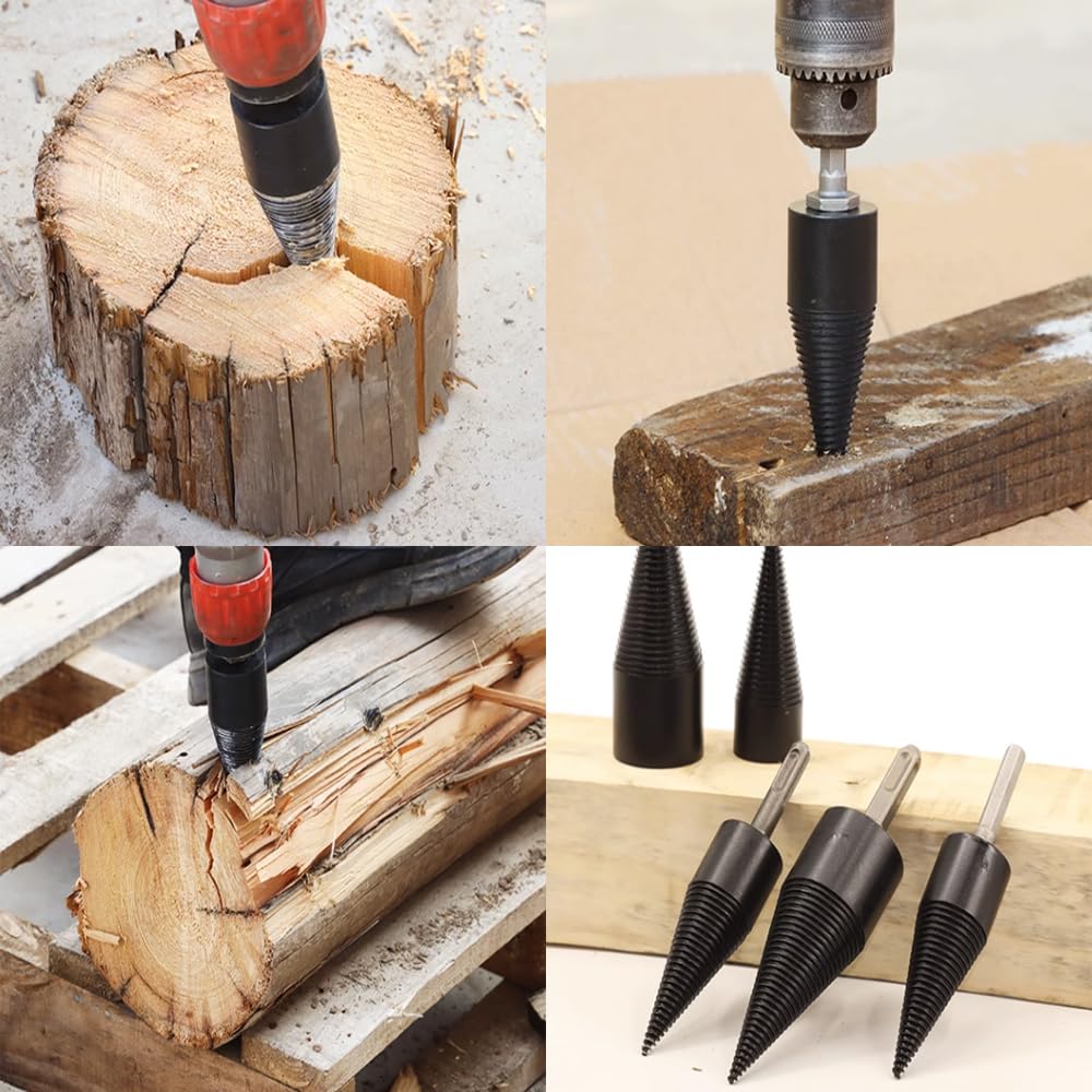 Fendeuse à Bois Perceuse avec 3 Poignées, Foret Cône 50mm pour Fendre Du Bois