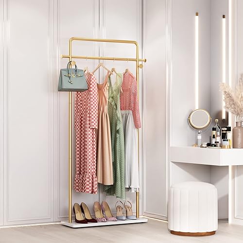 Miniatura 8 de TIEOU Percheros dorados con estante, percheros dorados resistentes para boutiques, perchero de metal independiente para colgar ropa, perchero