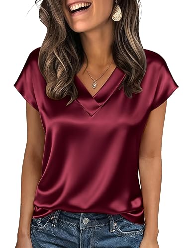 Women Silk Satin Tops Cap Short Sleeve Blouse V Neck