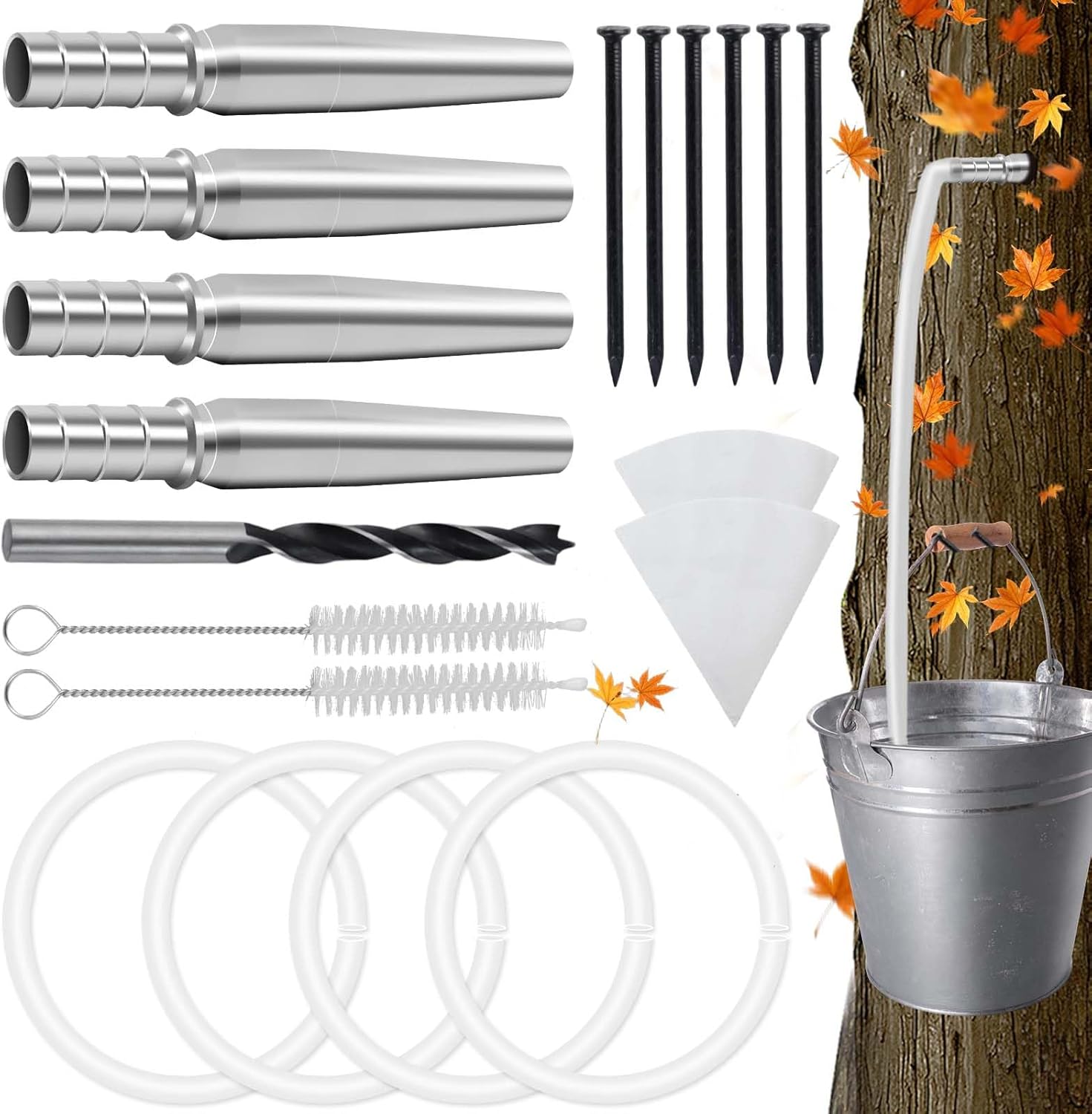 19PCS Upgraded Maple Syrup Tapping Kit Include 4 Stainless Steel Maple Tree Taps Spiles,4 Food Grade Tubing, 2 Cleaning Brushes &Fliter Paper Maple Birch Walnut Syrup Tap Set for Experts Beginners