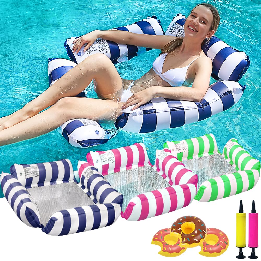 3 Pack Pool Float Chair Lounge für Erwachsene, Aufblasbare Pool Floats 4-in-1 Mehrzweck-Poolschwimmer Wasserhängematte mit Getränkehaltern
