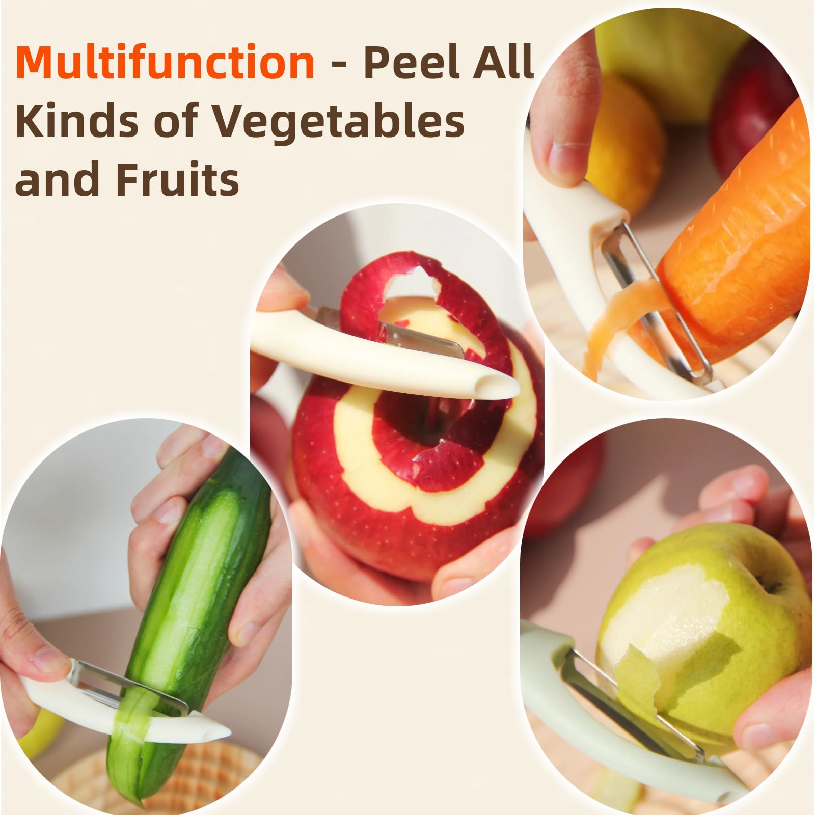Pelador de verduras y frutas de acero inoxidable, accesorio giratorio recto para cocina, ideal para pelar zanahorias, pepinos, patatas, con mango ergonómico, antideslizante y bonito (blanco