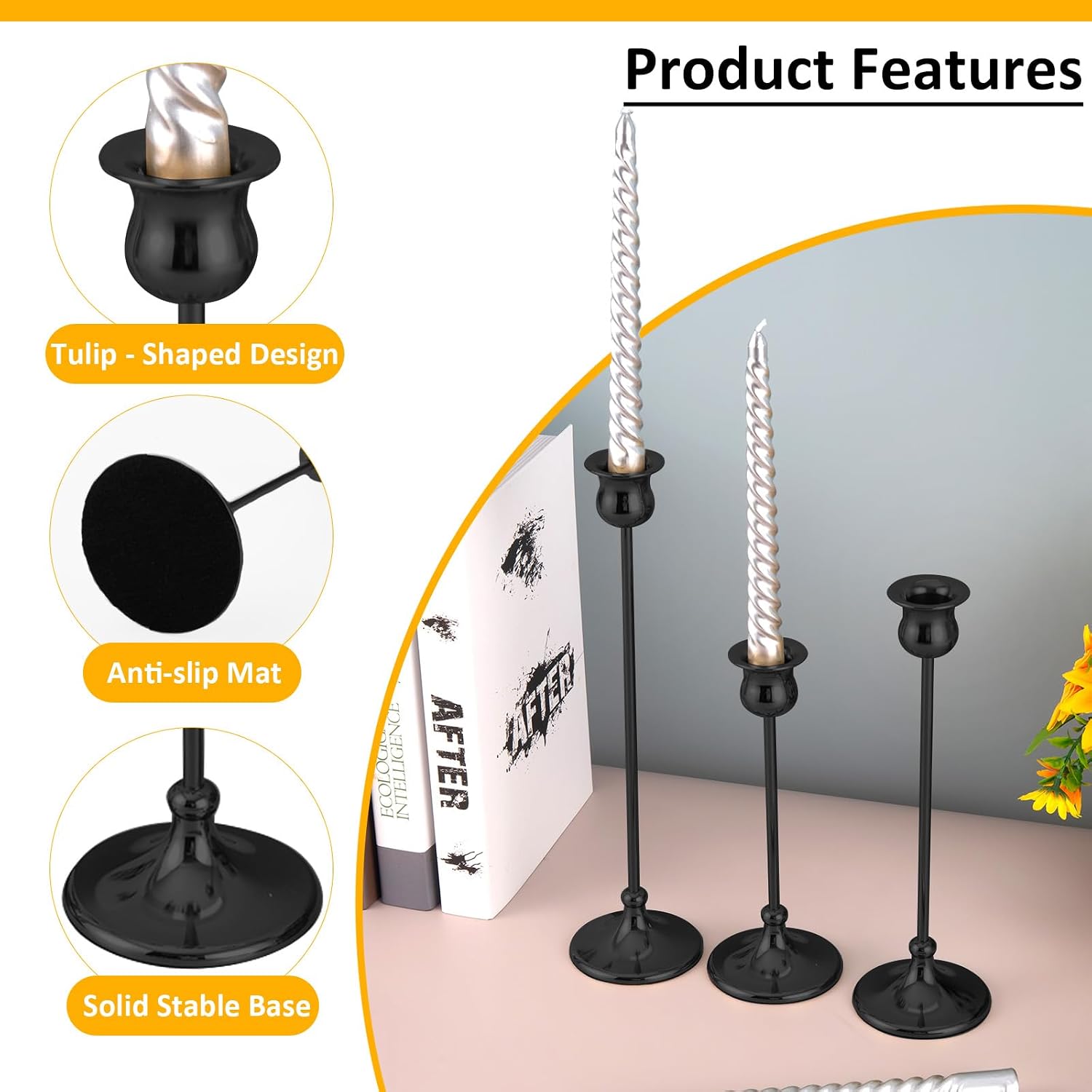 Taper Candle Holder Tall Vintage Metal Candlestick Holders Candle Stick Candelabra for Halloween Thanksgiving Christmas Holiday Wedding (Matt Black, 2 Sets (6 pcs)) image 4