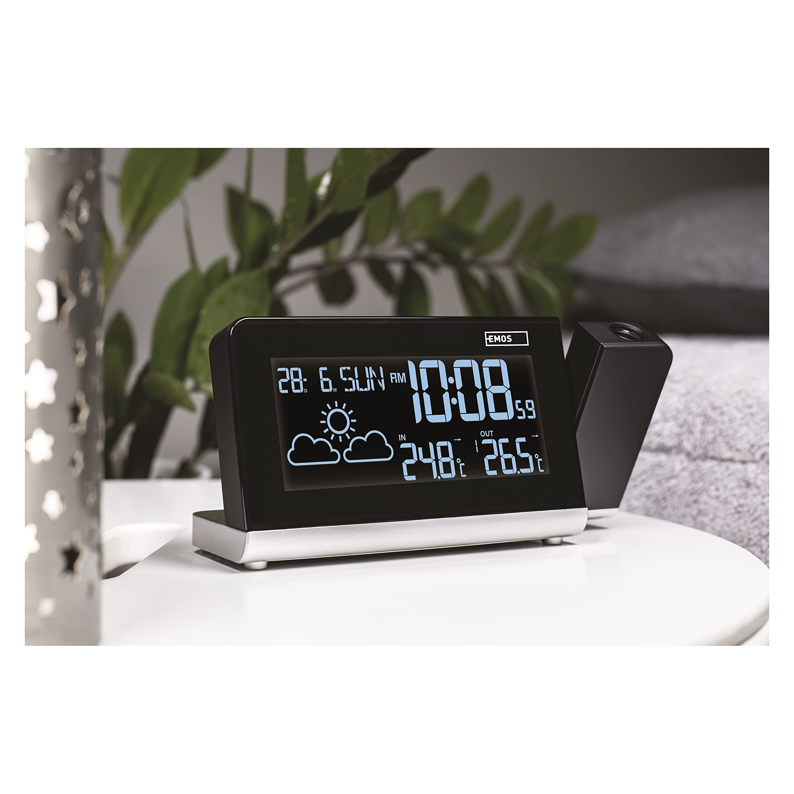 EMOS Funk-Wetterstation mit Projektion, Außensensor, VA-Display Anzeige und Projektor, Uhr, Temperatur, Thermometer, 2x Wecker, Kalender, Memory mit Min/Max-Temperatur