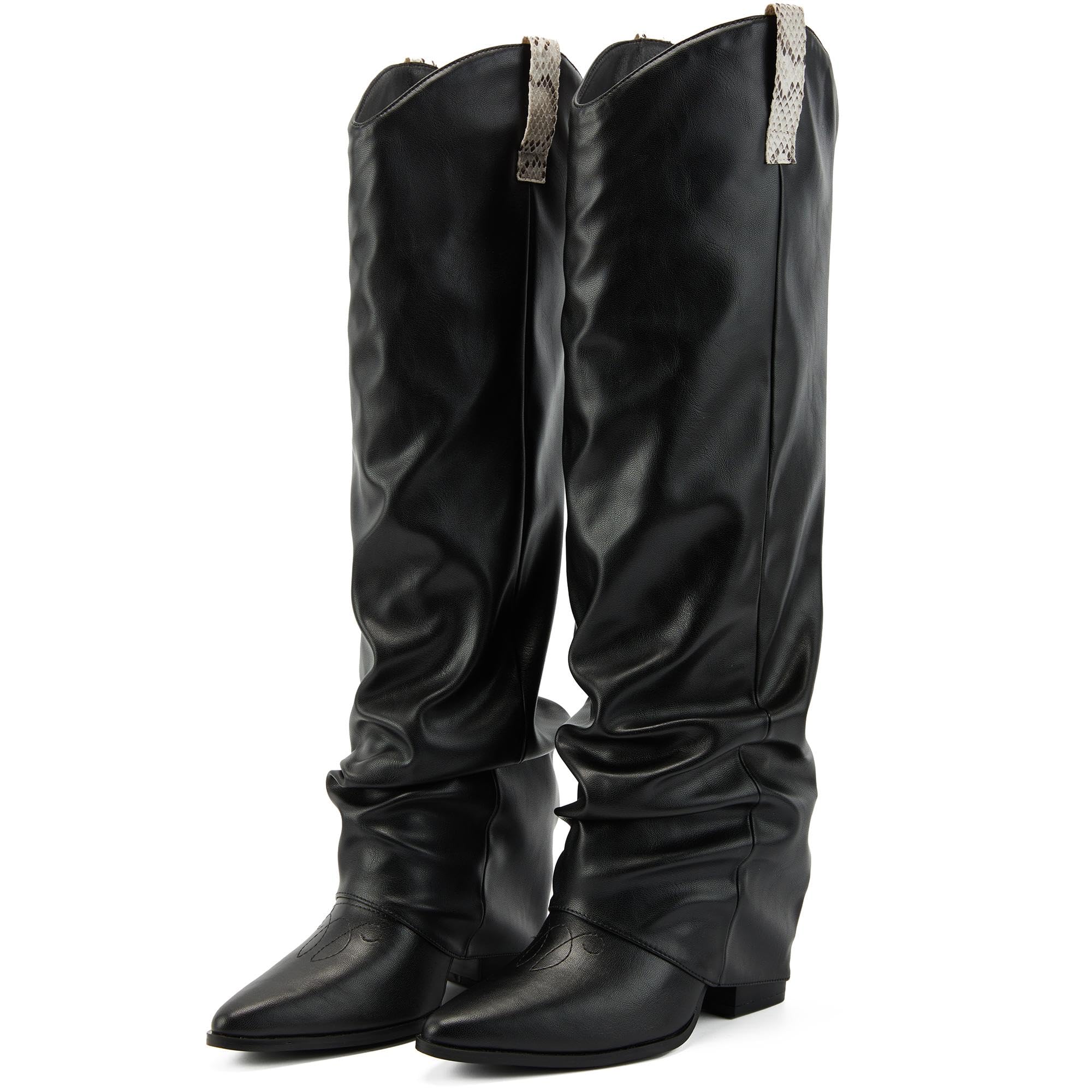 Putu Fold Over Boots for Women Knee High Cowboy Boots Chunky High Heel Tall Boots