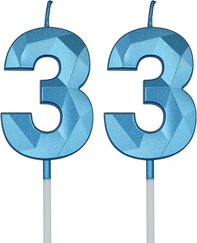 Velas de cumpleaños número 33 para pastel, vela azul con forma de diamante 33, decoración de cumpleaños, suministros de fiesta para mujeres u hombres