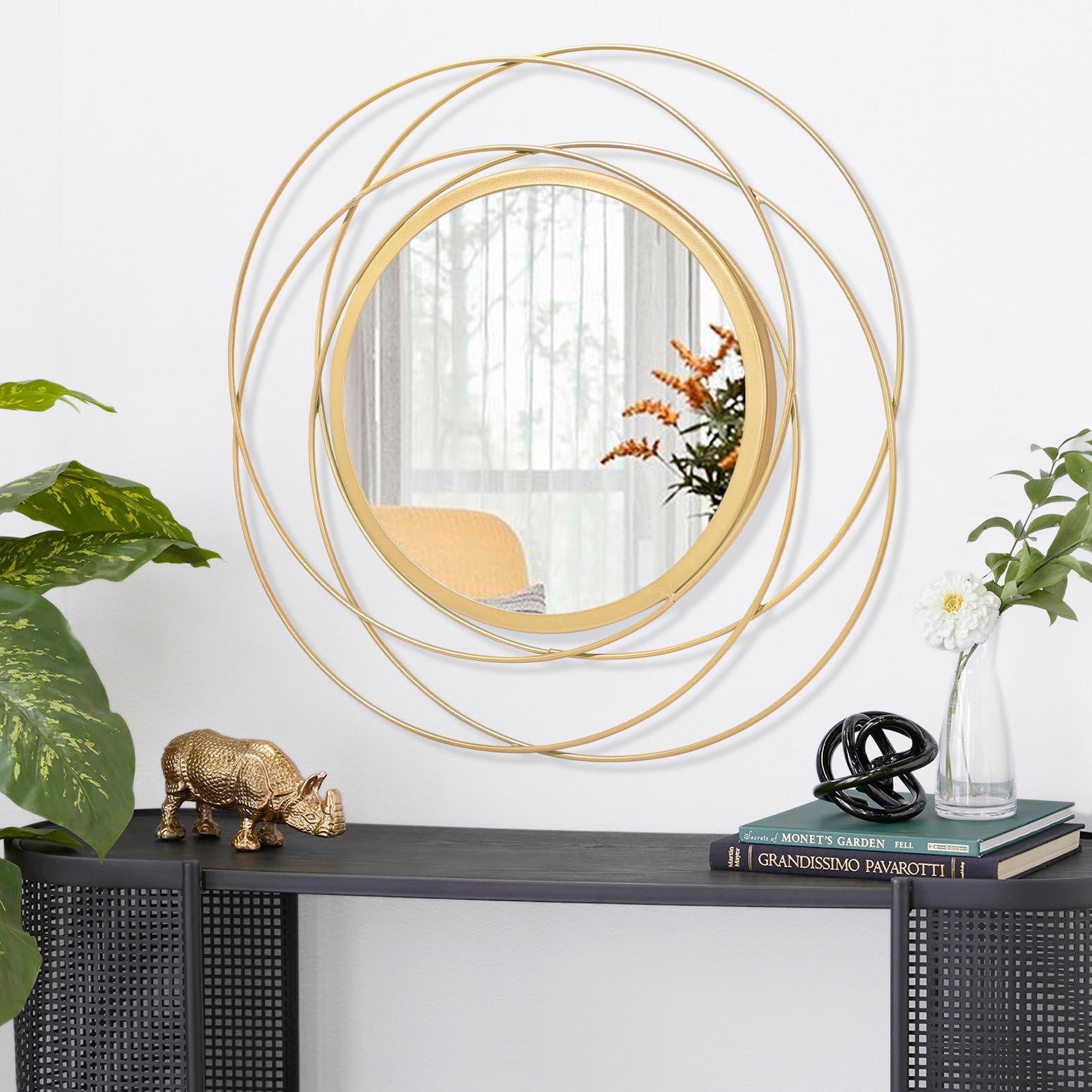 HLFMVWE Gold Art Circle Mirror for Wall with Iron Metal Wire Frame Wall-Mounted Mirror for Home Decor Living Room Bedroom Bathroom Entryway 40 x 40 cm