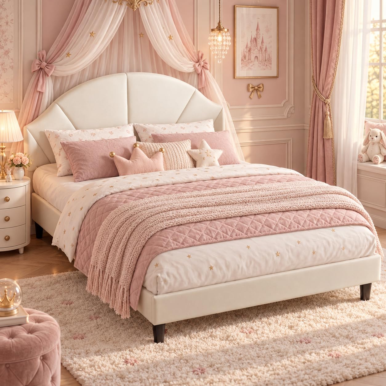 BRILVERDE 4FT6 Double bed 135x190 with Padded Headboard, Kid Bed Frame for Girls, Slatted Frame, Princess Design Bed for Girls, Children, Teens, Velvet (Beige, 135 x 190 cm) — image 1
