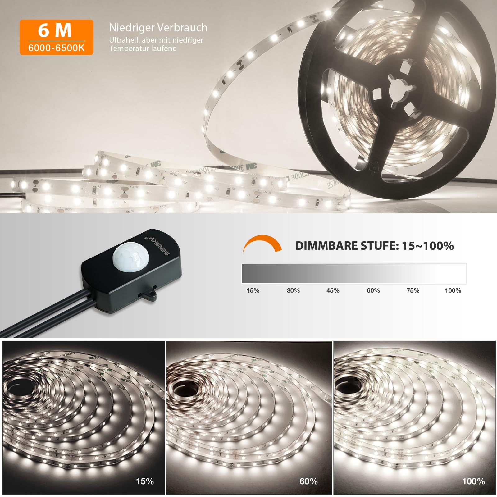 Sensky Striscia LED da 6 m, dimmerabile, con sensore di movimento PIR, per interni, 12 V, luce bianca fredda, 6000 K, illuminazione per corridoio, armadio, cucina