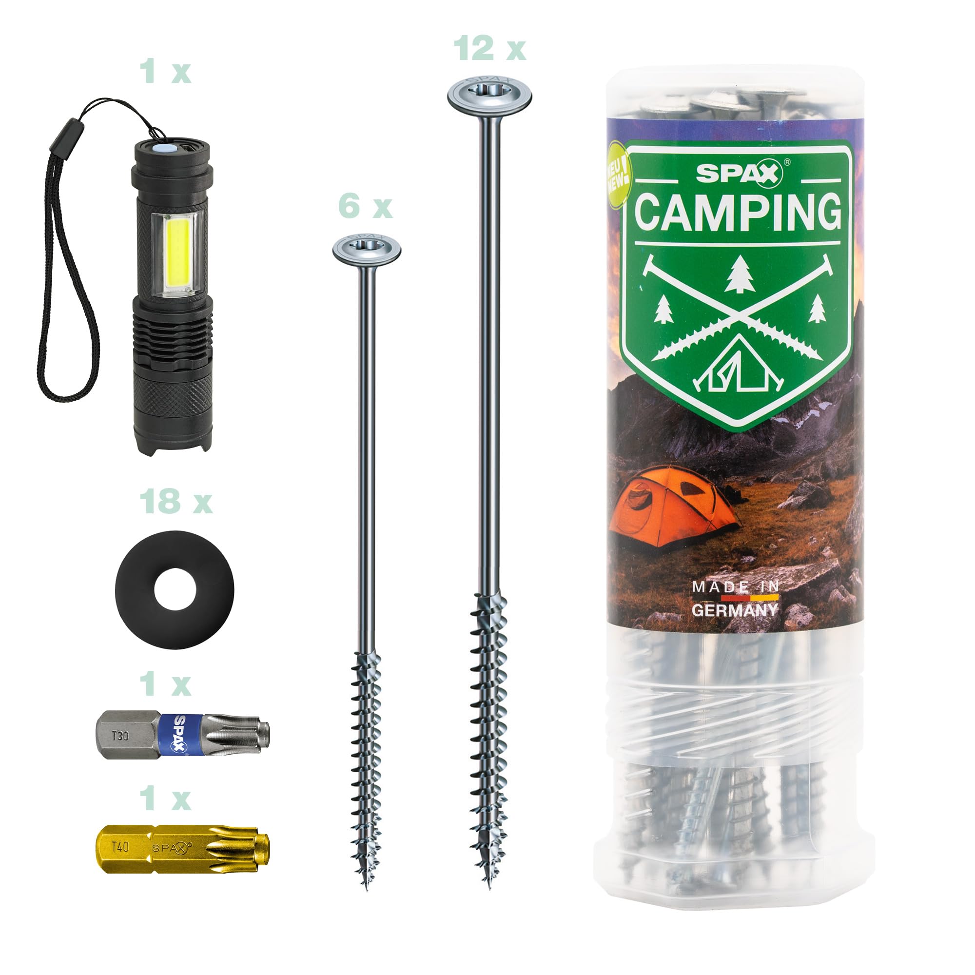 SPAX Camping Set - 18 Tent Screws, 2 Bits, 18 Washers & Flashlight, Screw Pegs for Fixing Tent, Awning, Sail, Gazebo - 8000000294600-image-23