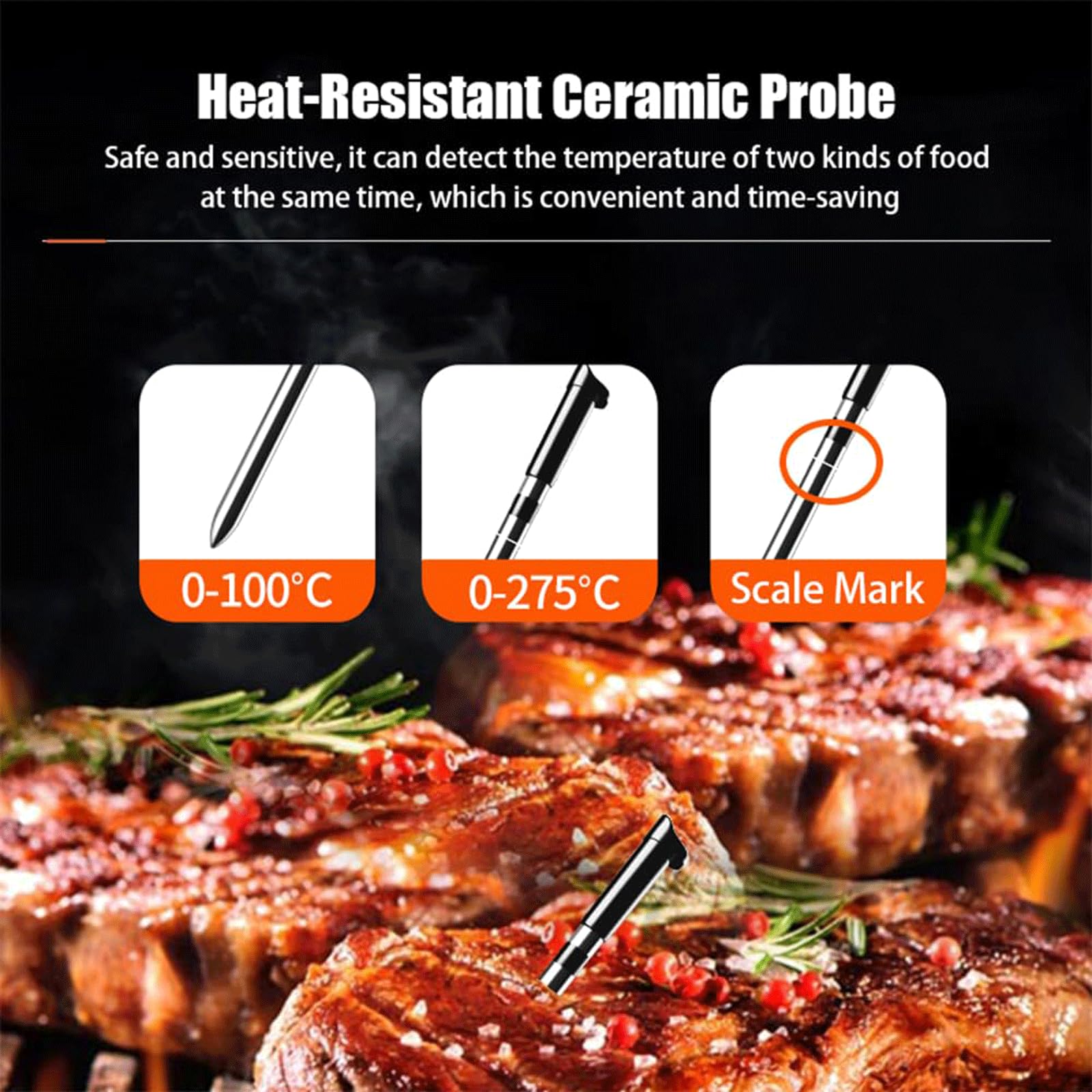 KRILLIQ Termómetro de cerámica de Doble sonda, termómetro de Cocina Inteligente de Alcance Remoto, termómetro inalámbrico para Barbacoa y Parrilla para Tambor de Horno ahumador