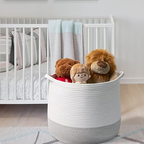 Miniatura 5 de Cesta de almacenamiento tejida de cuerda de 17.3 x 15 x 14.1 pulgadas, organizador de mantas de algodón, cesta de lavandería, contenedor de