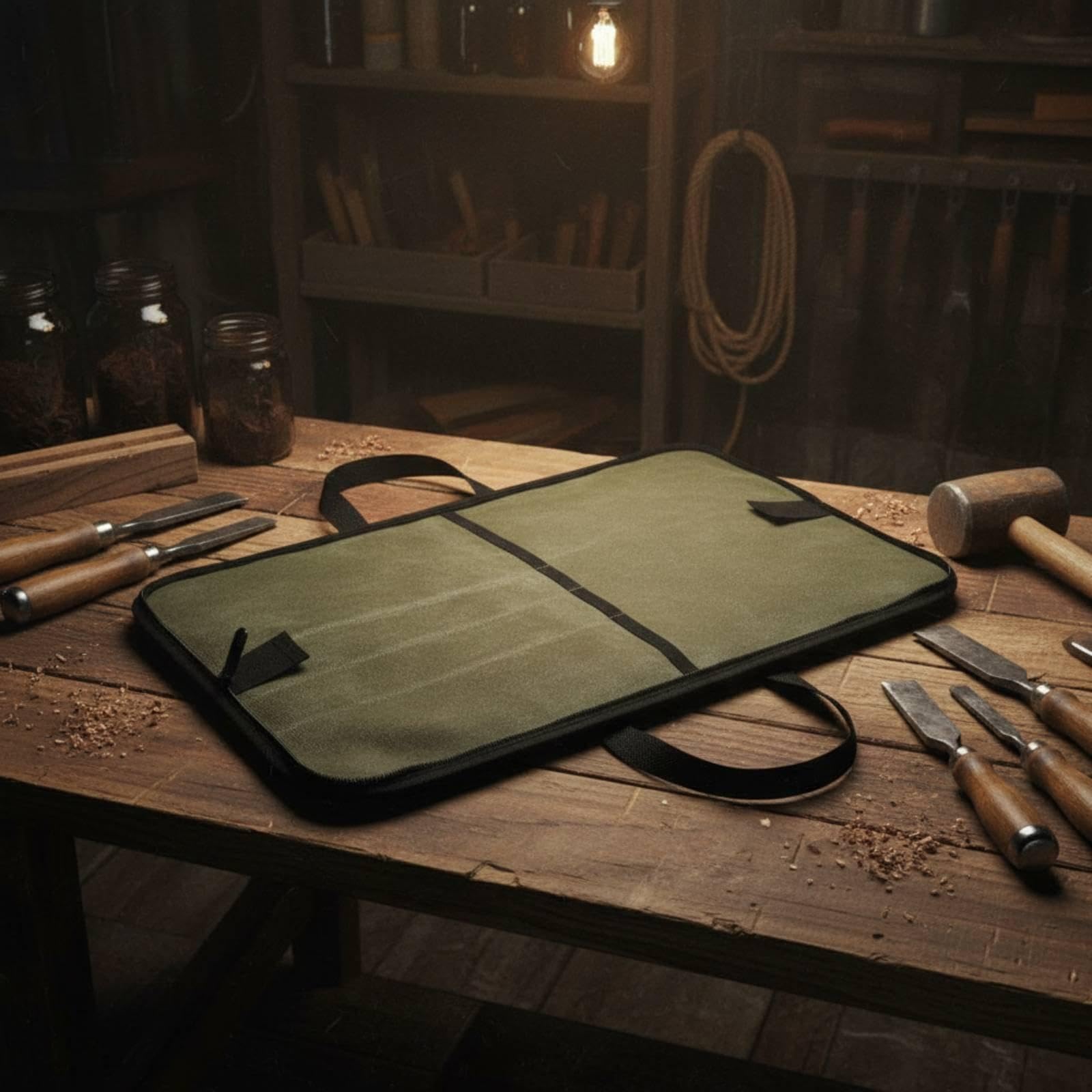 Waxed Canvas Knife Roll Waterproof Chef Knife Roll Convenient Carrying Strap for Camping, Picnic, Travel Khaki Camping Knife Bag-image-37
