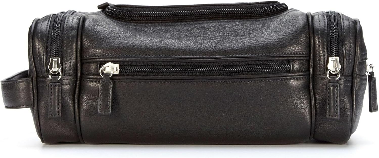 Leatherology Black Onyx Multi Pocket Toiletry Bag – Full-Grain Leather Travel Dopp Kit with Multiple Zippered Compartments | Spacious, Durable Organizer for Toiletries & Grooming Essentials