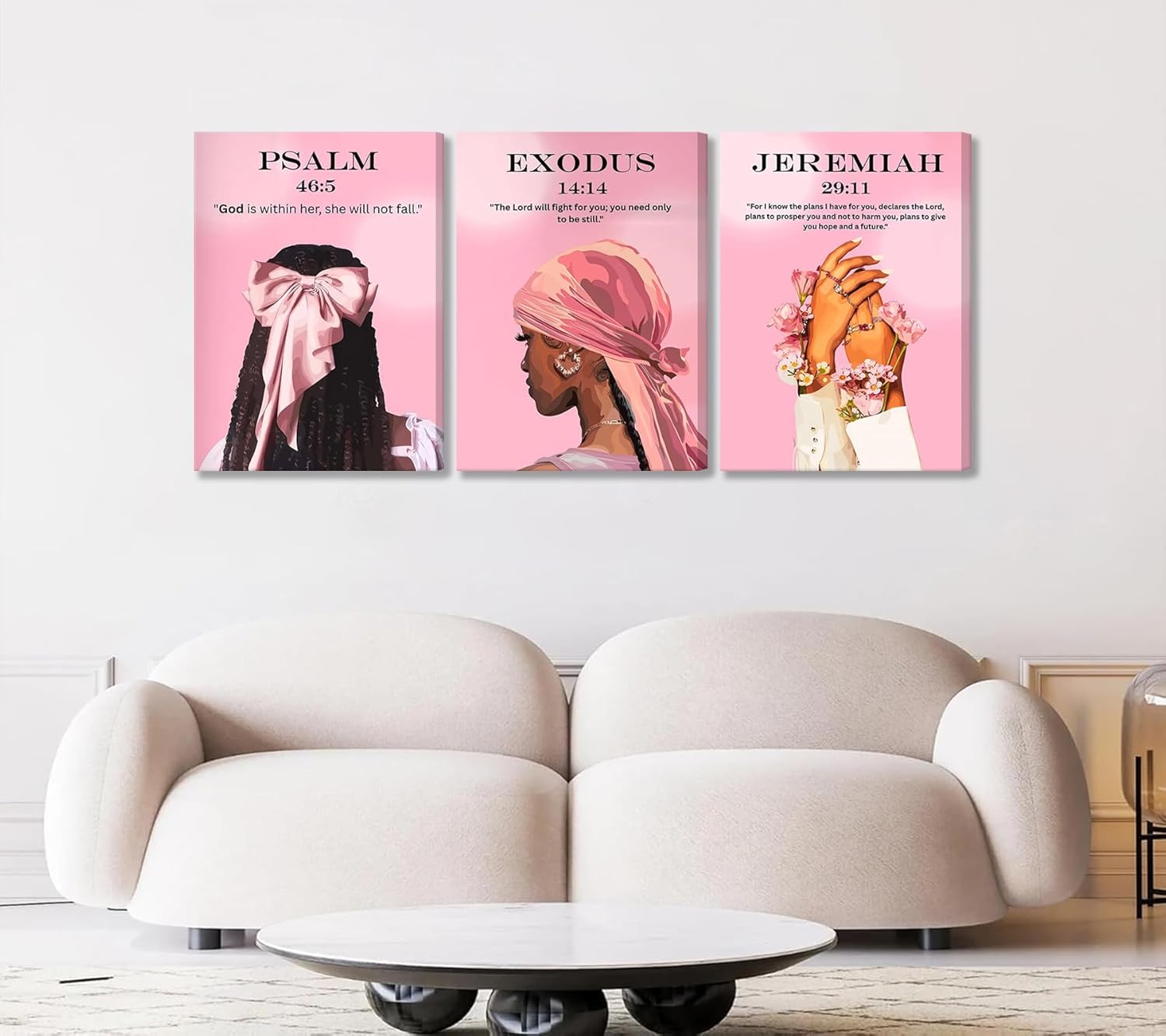 3Pcs Christian Trendy Black Girl Canvas Wall Art Pink Bible Verse Posters Print Artwork African American Woman Painting Pictures Wall Decor for Girls Room Bedroom Home Decoration 12×16in Framed