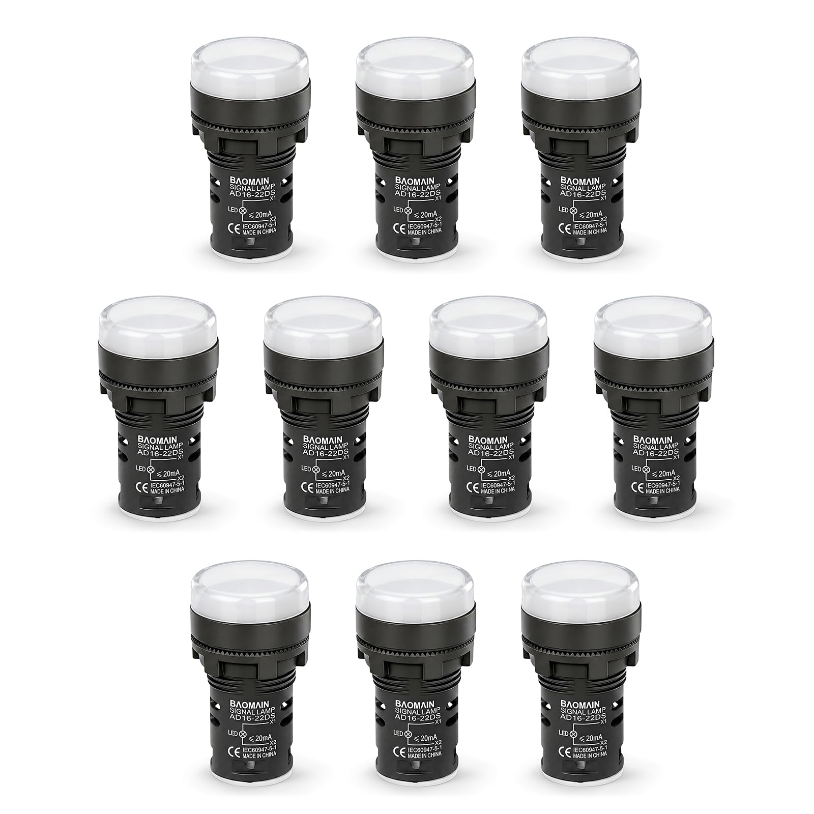 BAOMAIN 110V 22mm LED Industrial Indicator Pilot Light White 10-Pack