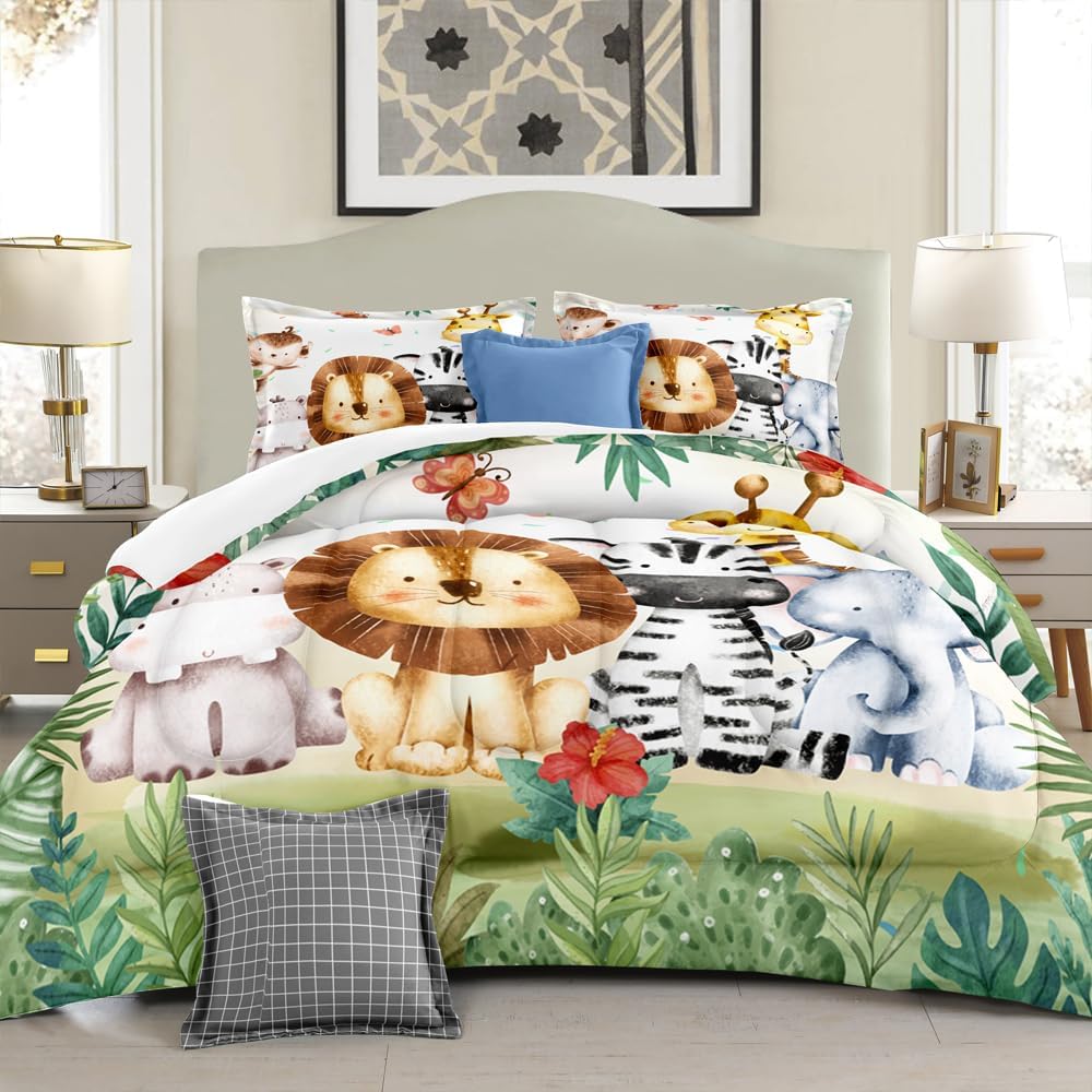 Kids Comforter Set Jungle Safari Animals Printed Pattern Quilt Bedding Set with 1 Comforter and 1 Pillow Cover for Boys Girls Bedroom All Season, Twin 68x90inches