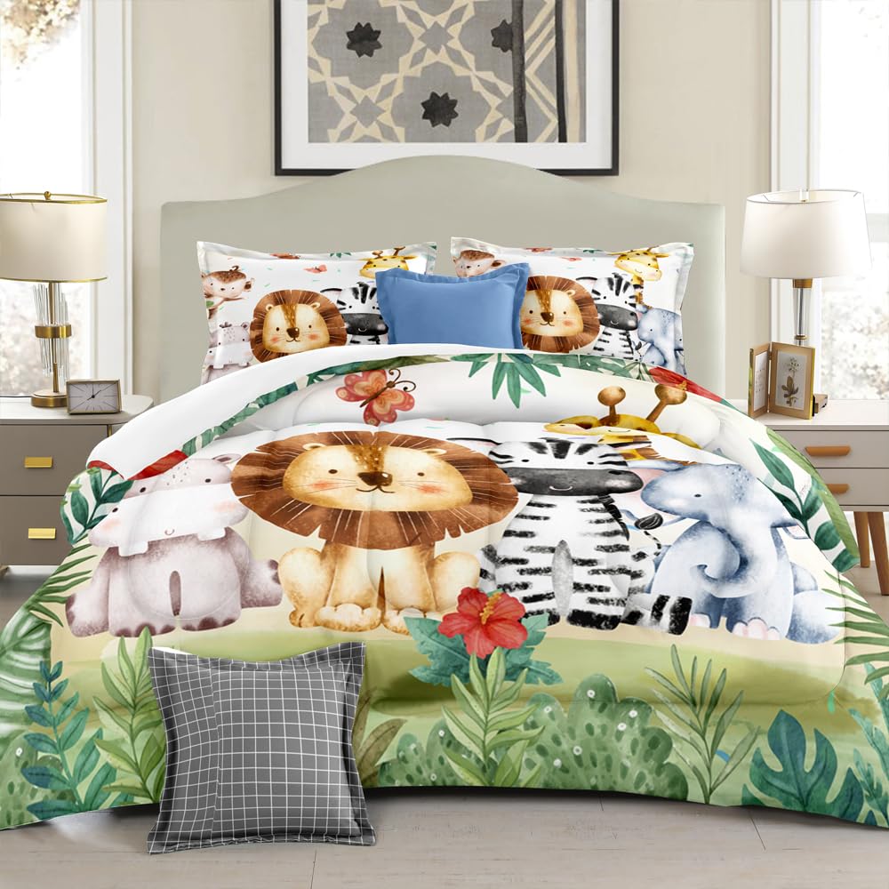 Yilinata Kids Comforter Set Jungle Safari Animals Printed Pattern Quilt Bedding Set with 1 Comforter and 2 Pillow Covers for Boys Girls Bedroom All