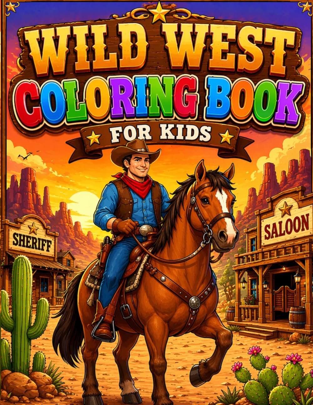 Wild West Coloring Book for Kids Ages 4-8: Bold & Easy Cowboy, Horses, Rodeo, Saloons and Western Town Coloring Book