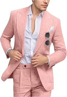 Men's Linen Suit Slim Fit 2 Piece Summer Beach Wedding Suits Peak Lapel Casual Blazer Pants Set for Prom Tuxedo