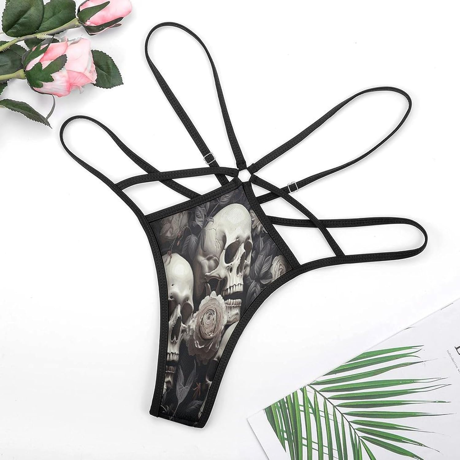 Women's Sexy G-String Thong Panties, Sheer Mesh T-back Underpants | Black White Flowers Skull Breathable Stretchy Low Rise Underwear, Comfort Soft No Show Panties for Date Night, 3X-Large