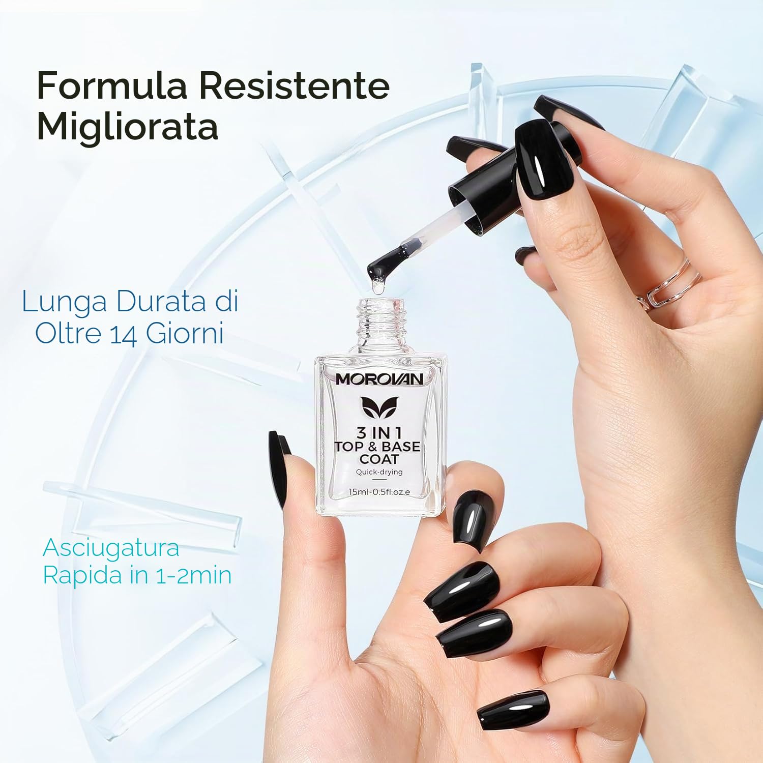 Morovan Smalto trasparente 3 in 1: Base Coat Top Coat 3 in 1 Nail Strengthener Clear Nail Varnish 15 ml