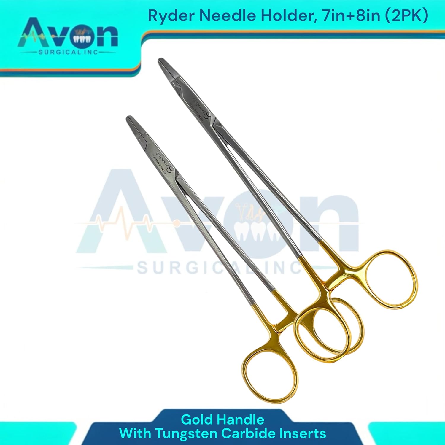 Ryder Needle Driver with Tungsten Carbide Tip Inserts & Gold Handles, 7in + 8in (Set of 2), Autoclave Safe German Stainless Steel
