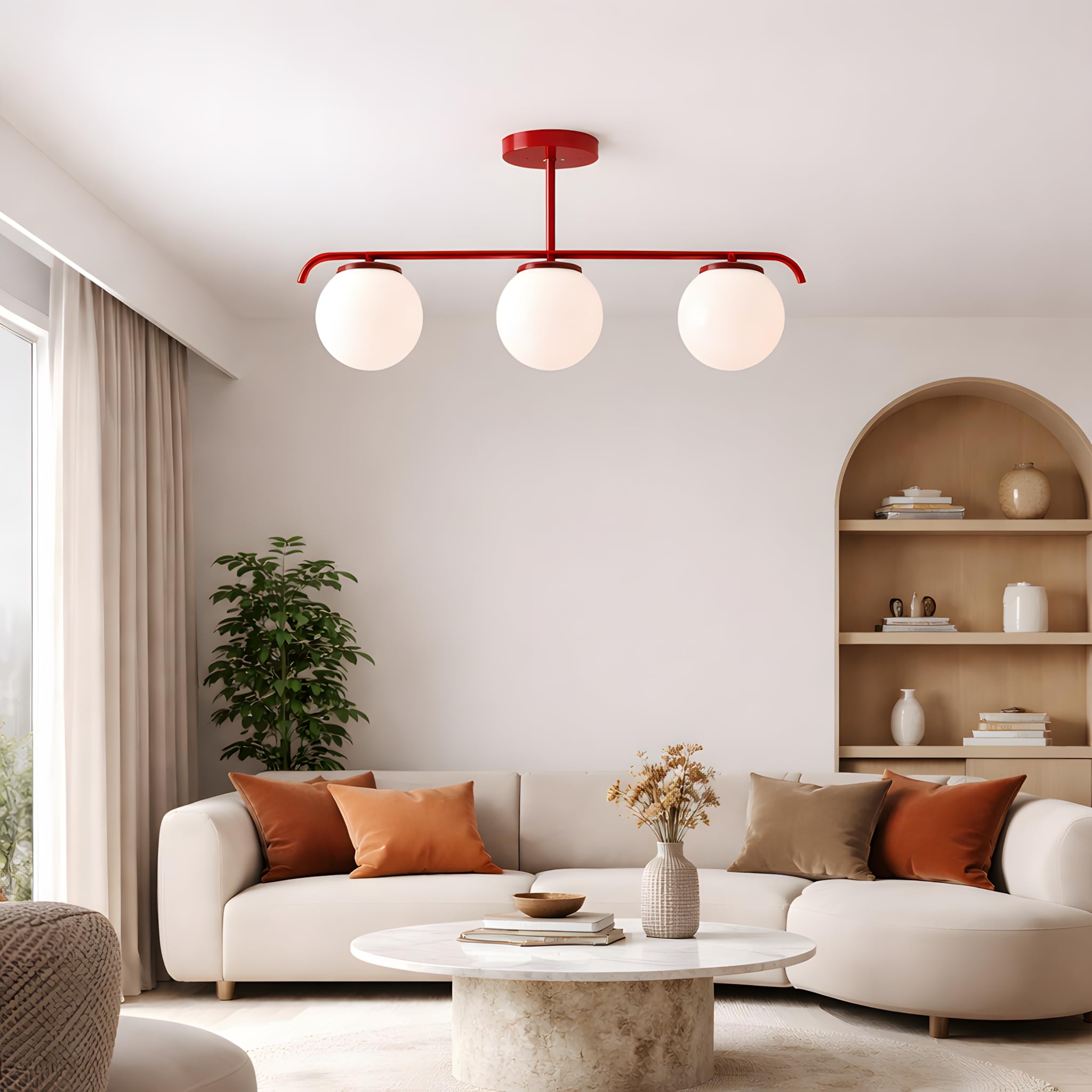 B·LED BARCELONA LED Potrójna lampa sufitowa, Talí” 3 opalowymi kulami szklanymi, 3xE27, minimalistyczny, nowoczesny styl, rozproszone oświetlenie do salonu, jadalni lub sypialni, metal czerwony
