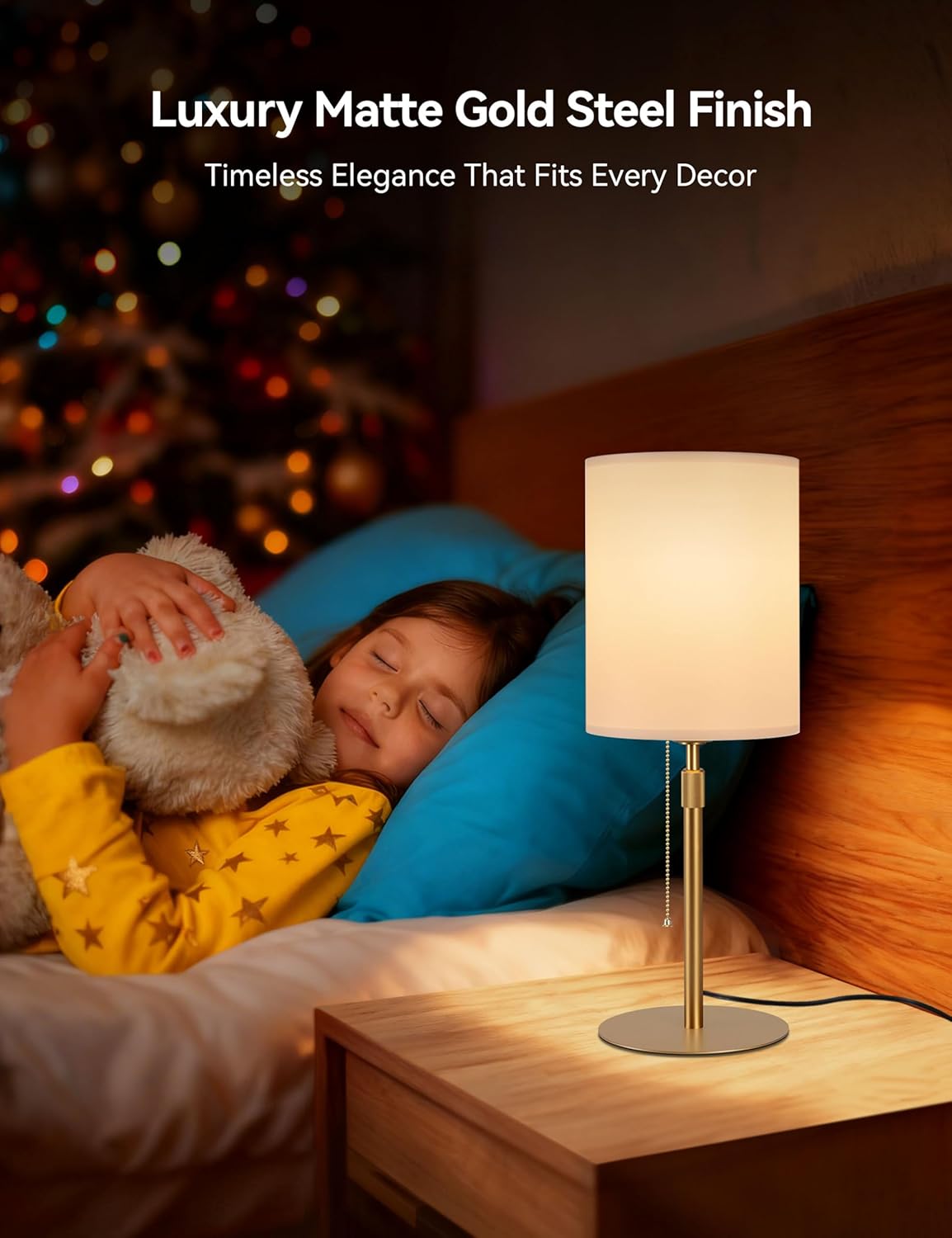 Tubicen Gold Table Lamp Plug in with Pull Chain 23.6" H Tall Thin Bedside Lamps with Small Fabric Shade Base Dimmable Modern Adjustable Height Table Lamps for Living Room Bedroom Office