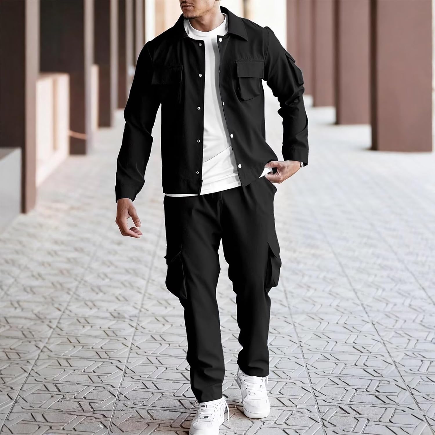 Men's Cargo Jacket Track suit 2 Pieces Set Outfits Casual Multi-Pockets Long Sleeve Jacket and Cargo Pants Set