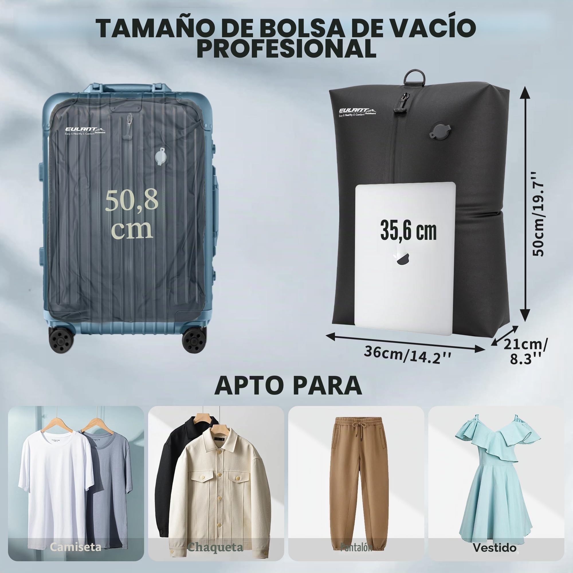 EULANT Bolsas de Vacío Profesionales para Viajes con Bomba, Bolsa de Compresión Reutilizable para Maletas/Mochila, Impermeable Bolsas de Vacio para Ropa con Cremallera Hermética IPX8