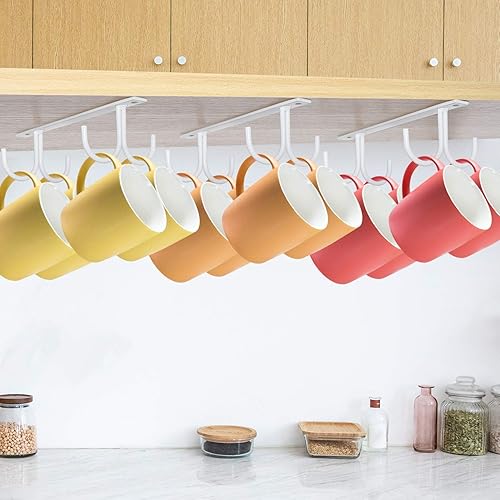 Miniatura 6 de Mocoum Estante organizador rústico para tazas debajo del gabinete, soporte para tazas debajo del estante, 12 ganchos colgantes para tazas, tazas de