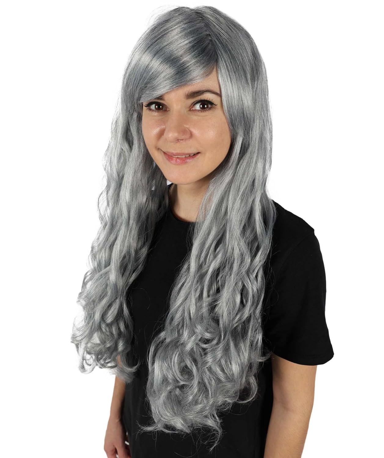 Adult Women's Long Curly Wig with Bangs – Natural Look Synthetic Hairpiece for Cosplay, Halloween, Parties - Grey