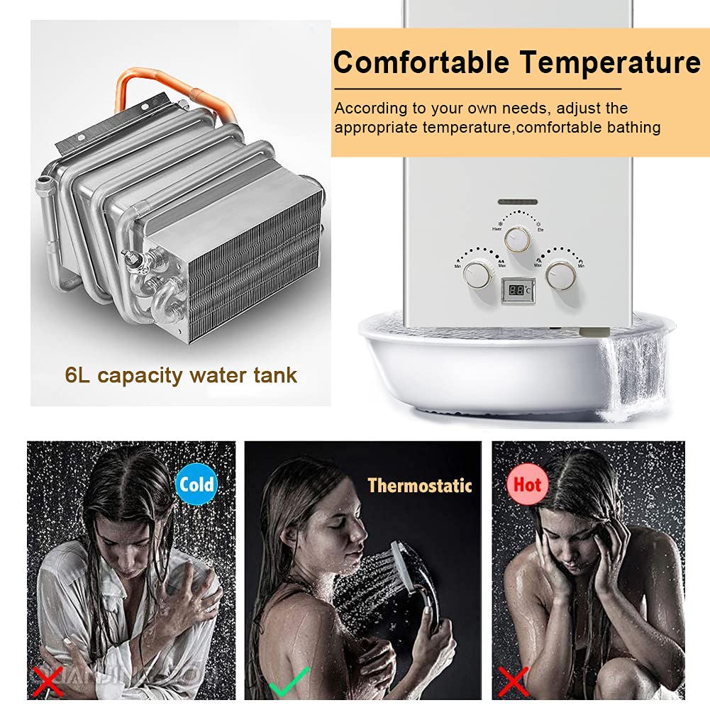 RBAYSALE Gas Water Heaters 6L 1200W 2800Pa LPG Instant Hot Water Heater