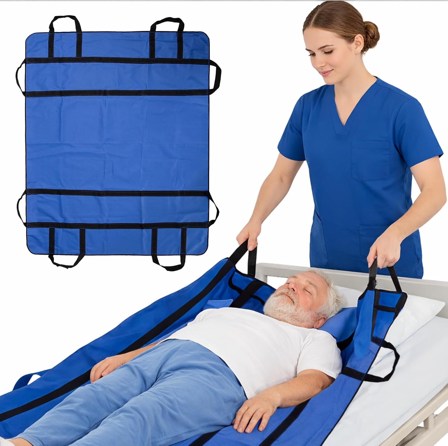1 PCS Positioning Bed Pads for Elderly, Draw Sheets for Hospital Bed 39.4"X47.2", Washable Transfer Sheet with Handles, Patient Transfer Board, Slide Sheets for Moving Patients(Blue)