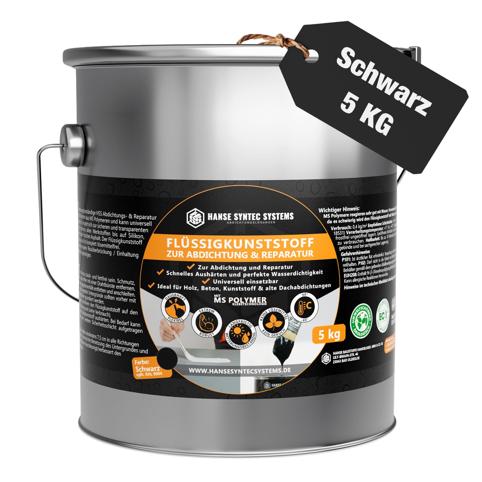 HSS Flüssigkunststoff 5Kg Schwarz Wasserabdichtung für Innen & Außenbereich
