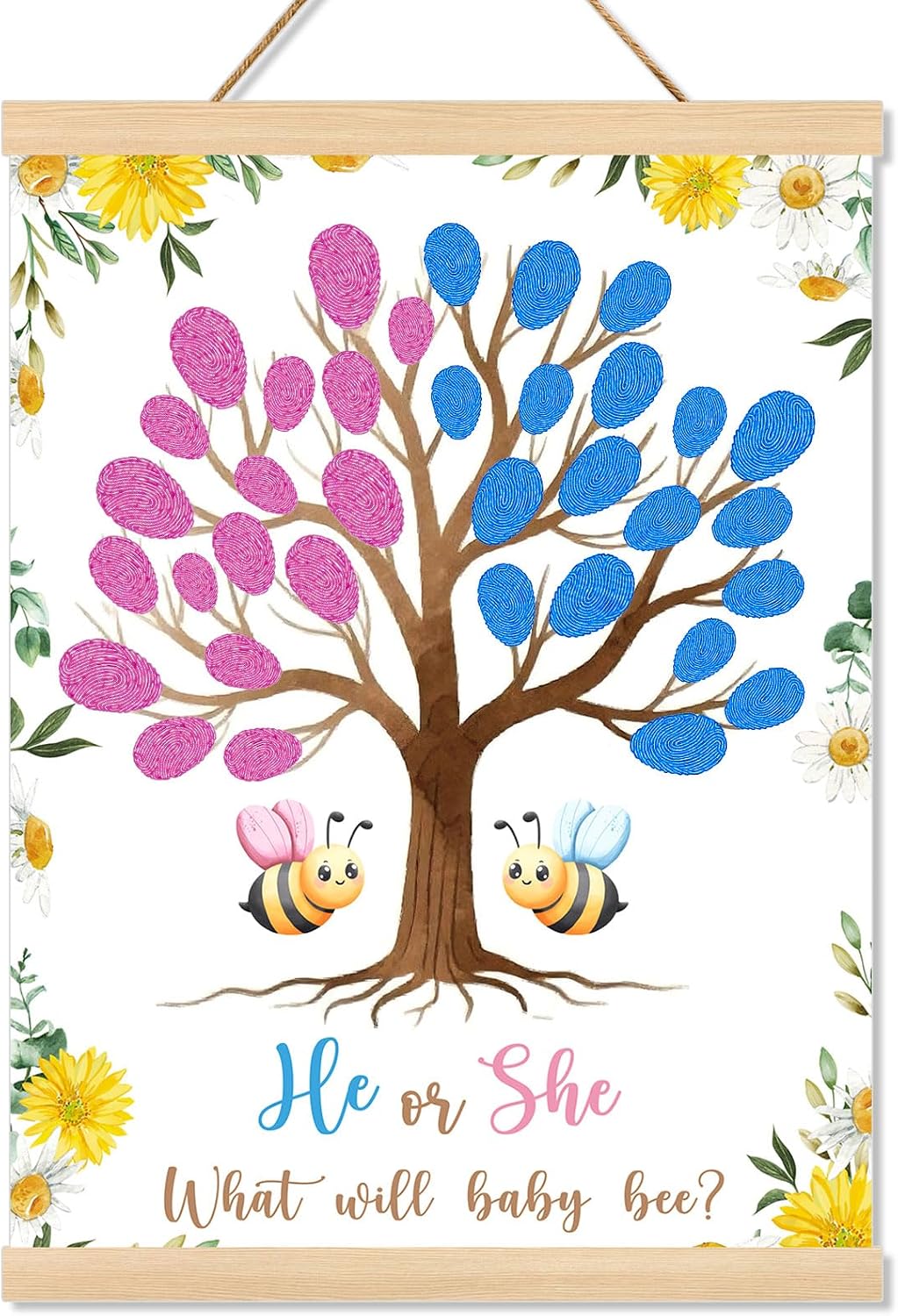 JarThenaAMCS Gender Reveal Party Fingerprint Tree Sign Bee Theme Canvas Thumbprint Hanging Painting with Pink Blue Ink Pad He or She Baby Shower Guest Book for DIY Keepsake Decoration