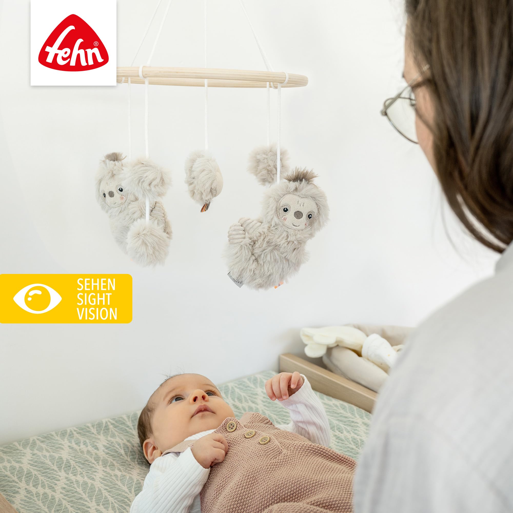 Fehn Wooden Sloth Mobile, Baby Mobile with Cute Fabric Figures, Sleep Aid for Calming & Activity - Image 2