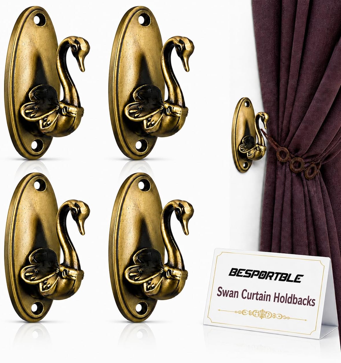 BESPORTBLE Antique Brass Swan Curtain Holdbacks for Wall: Metal Decorative Drapery Tiebacks Wall Mounted, Gold Bird Pull Back Hooks for Drapes, Vintage Curtain Holders, Window Sconces 4 Pack
