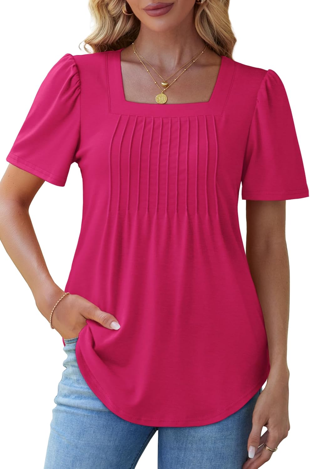 OFEEFAN T Shirts for Women Pleated Square Neck Dressy Casual Blouses Puff Short Sleeve Summer Tops Loose Fit - Image 3