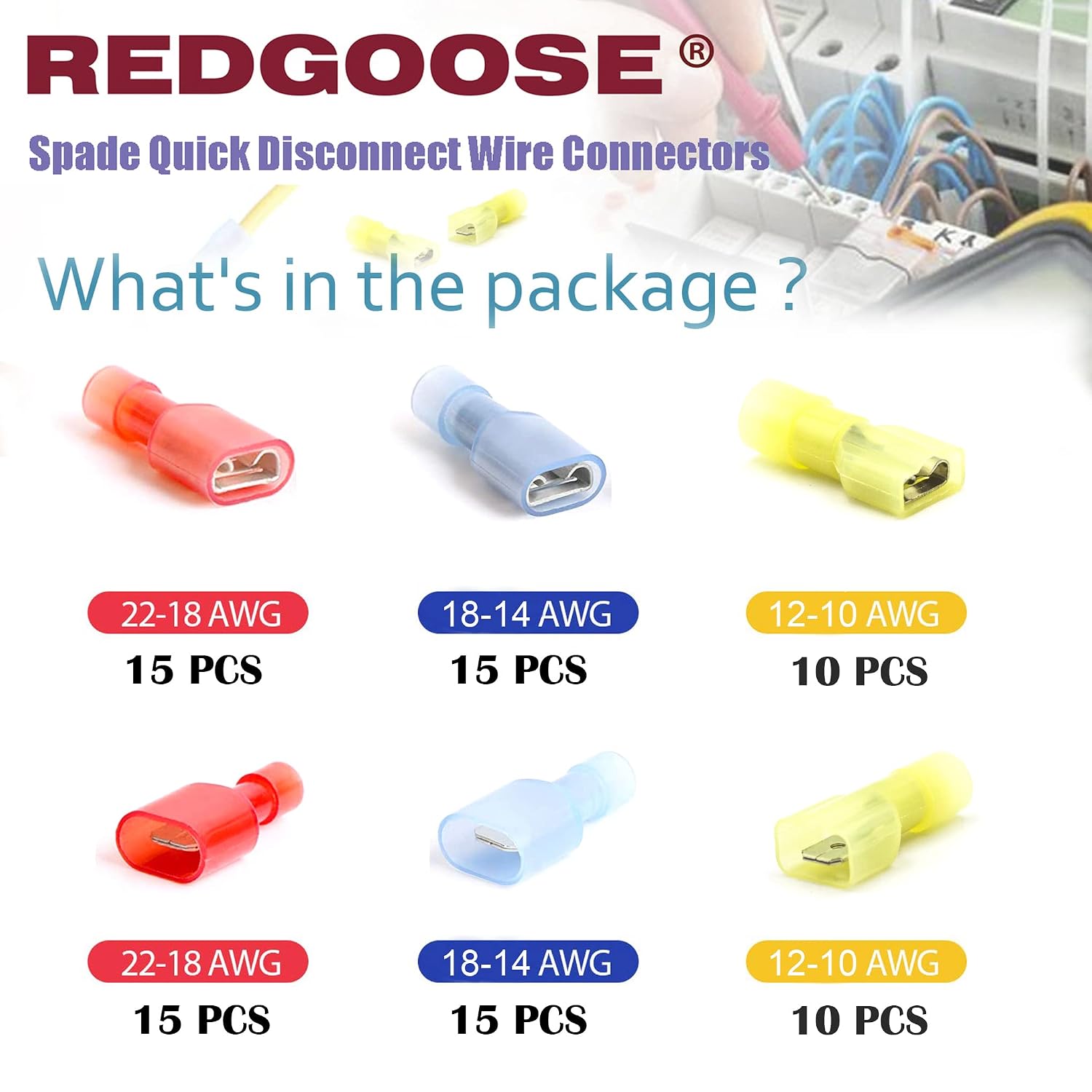 80PCS Spade Quick Disconnect Wire Connectors, 22-10 AWG Male and Female Wire Crimp Terminal(22-18AWG Red 15Pairs, 18-14AWG Blue 15Pairs,12-10AWG Yellow 10Pairs)