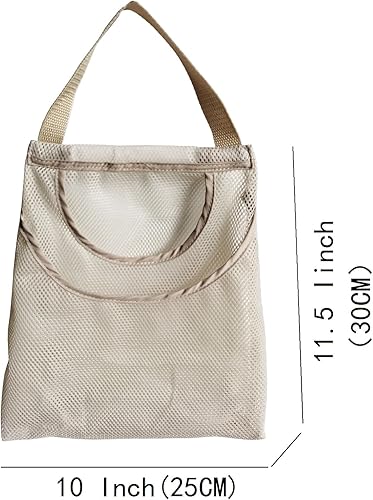 Miniatura 2 de Paquete de 5 bolsas colgantes de malla para cebolla bolsas reutilizables de almacenamiento de red para productos (bolsillo abierto doble, beige)
