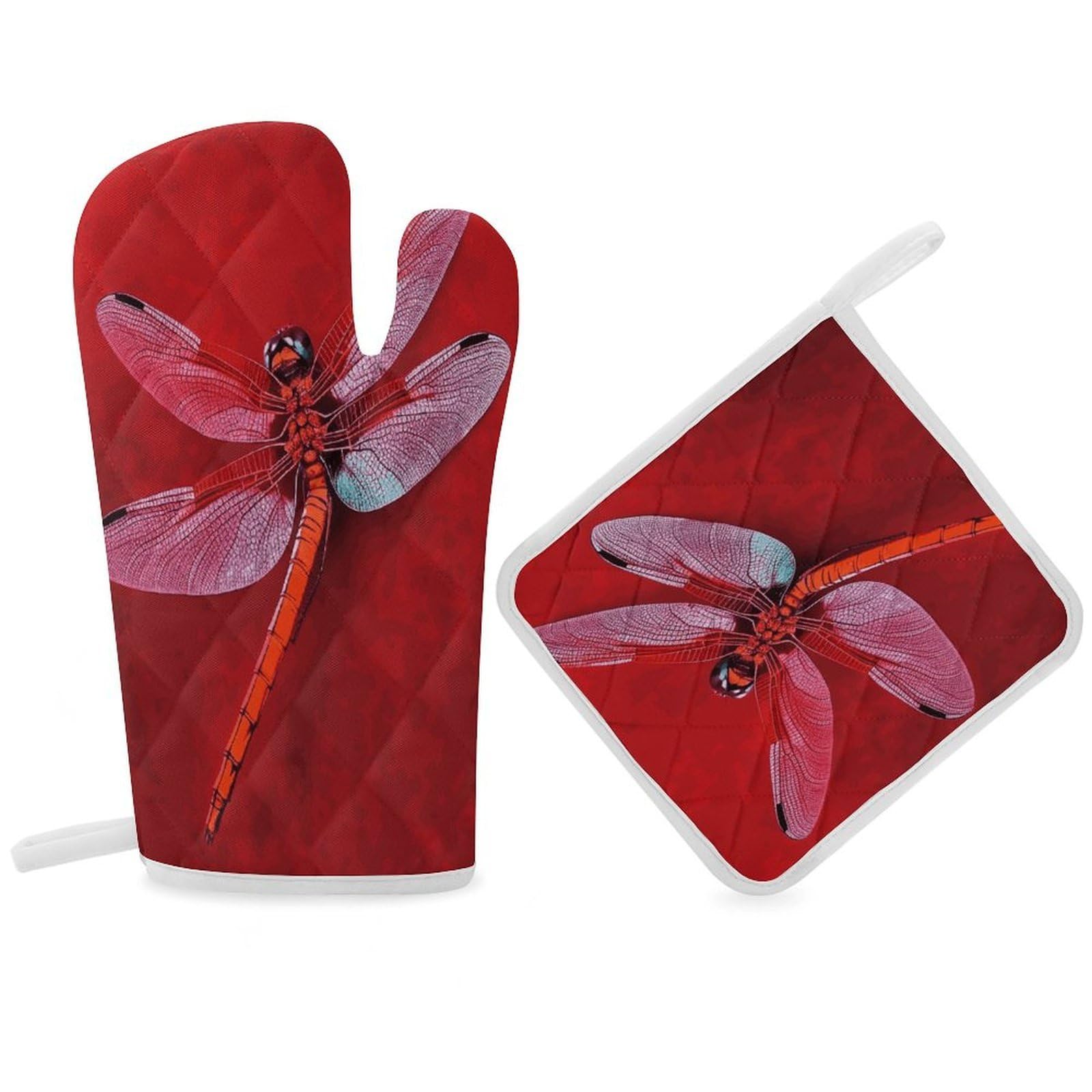 Fodpand Women's Style Dragonfly On Red Background Oven Mitts And Pot Holders Sets,Oven Gloves For Kitchen Oven Mitts And Potholders For Baking Cooking Grilling Apartment Essentials