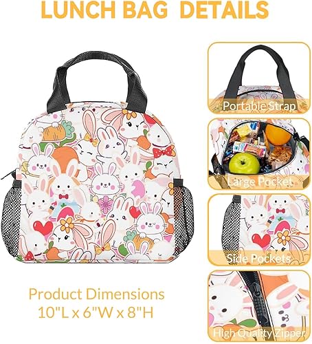 Miniatura 3 de Lonchera de conejo para niños, pequeña bolsa de almuerzo aislada, bonita lonchera reutilizable para niñas, bolsas de almuerzo congelables blancas