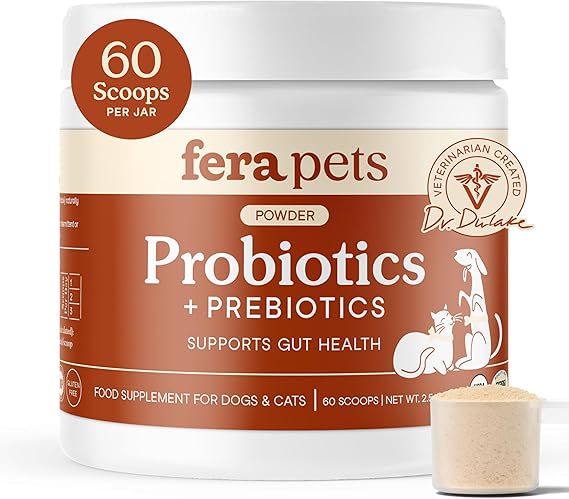 Fera Pets Probiotics for Dogs & Cats with Prebiotics - USDA Organic - Gut Health Powder Supplement with 12 Strains & 5 Billion CFUs - Supports Immunity, Energy and Skin & Coat - 60 Scoops